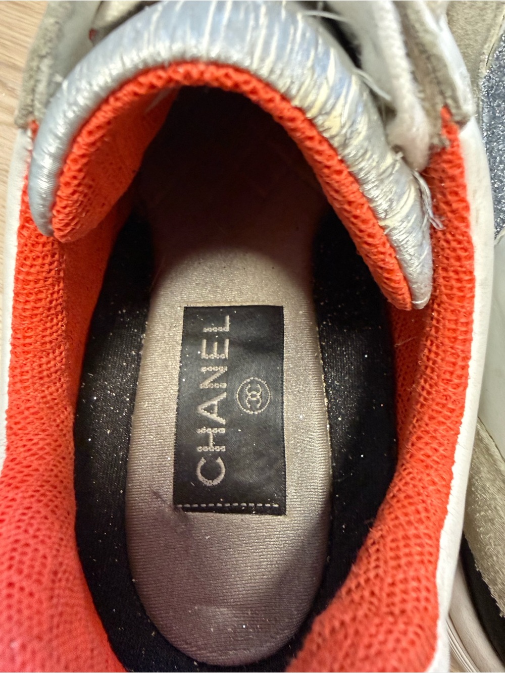 CHANEL White, Silver Glitter and Orange Low-Top Running Sneakers Size 8 (38) - Picture 9 of 16